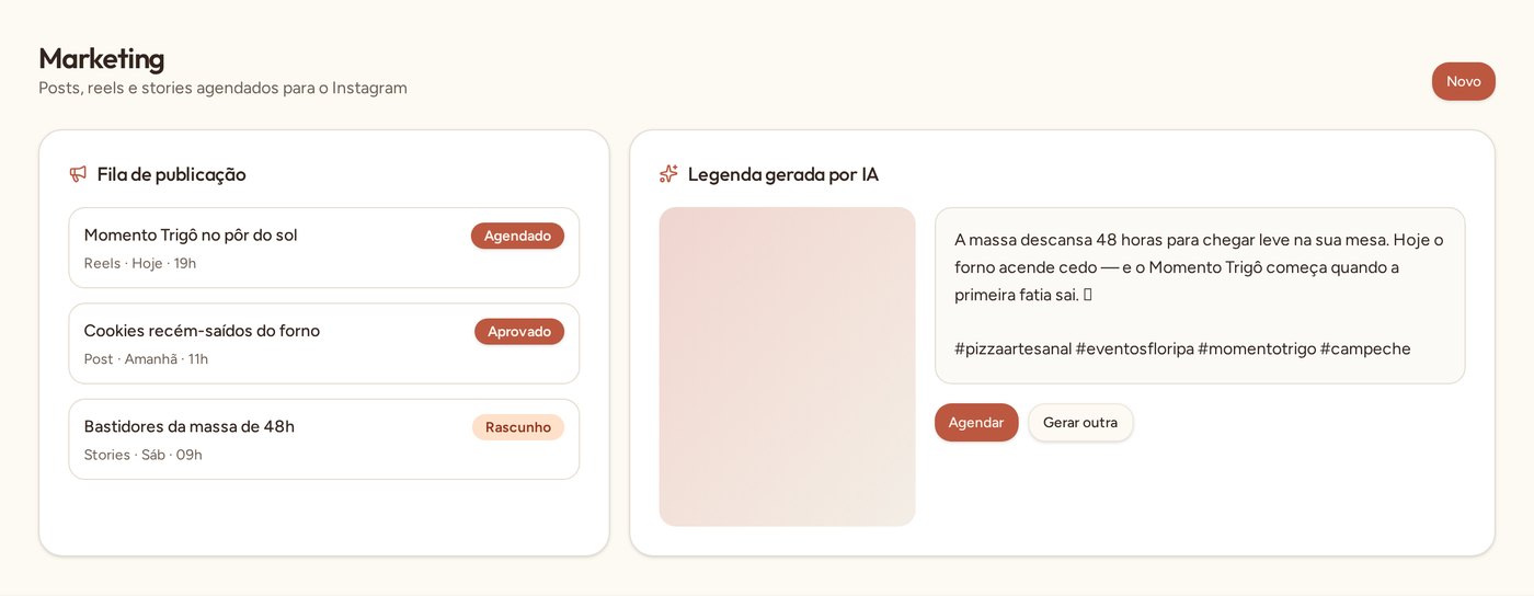 Tela de marketing com fila de publicação e legenda gerada por IA
